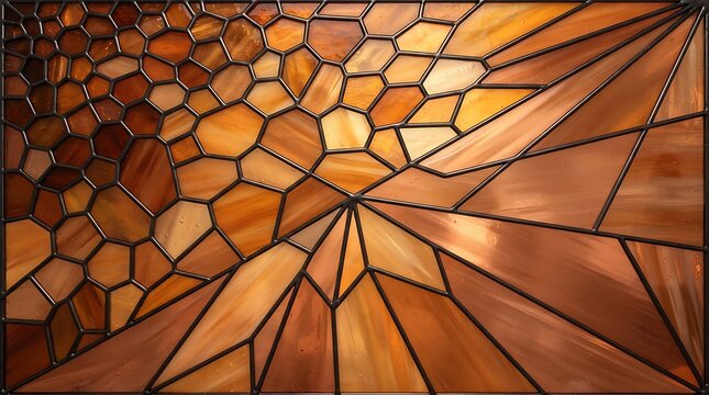 Stained glass composition featuring a transition from small hexagonal tiles to large angular shards in warm amber and brown color palette
