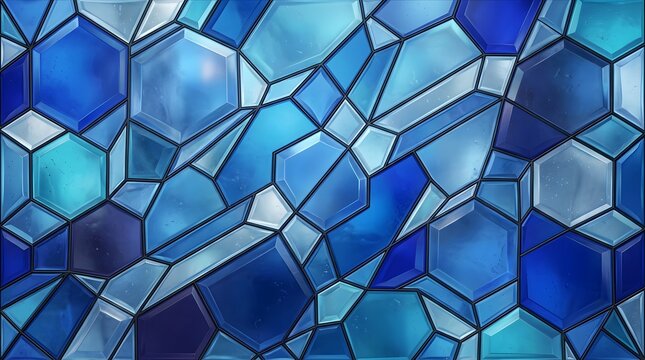 Abstract geometric background of blue hexagonal glass shards and facets
