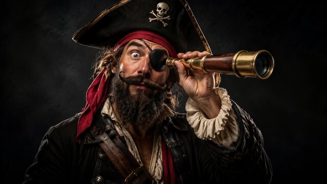Pirate looking through spyglass in dark dramatic portrait