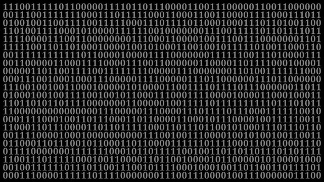 Binary Code on Black Digital Background. Rows of ones and zeros in a binary pattern create a digital data backdrop, symbolizing coding and information processing.4k motion graphics video