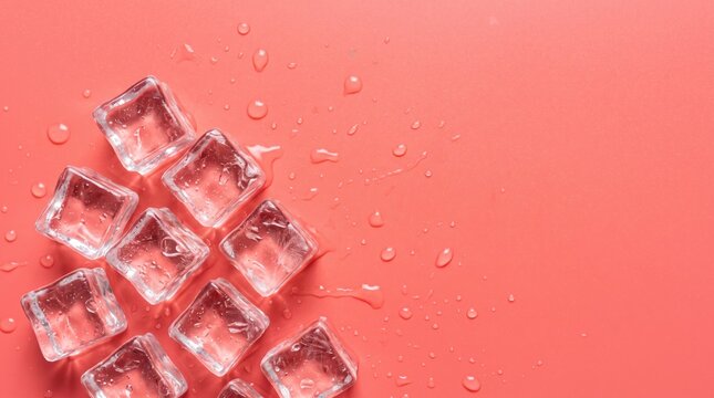 Fresh transparent ice cubes melting with water drops on vibrant coral pink, summer refreshment, cold drink ingredients, cooling texture, minimal abstract wallpaper, negative space