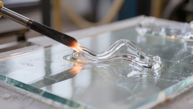 A gas torch heating and shaping molten glass on a flat surface in a workshop, illustrating glass manufacturing, glass production, and industrial processing