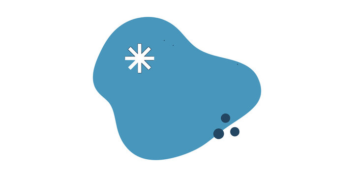 Blue irregular organic shape with gray asterisk and dark blue circles for modern graphic design composition template.