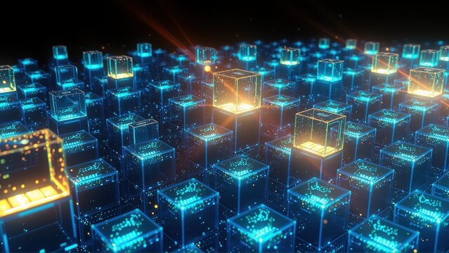 Abstract digital landscape. Glowing cubes form grid pattern. Orange highlights suggest data flow, network connections. Dark background emphasizes luminosity.
