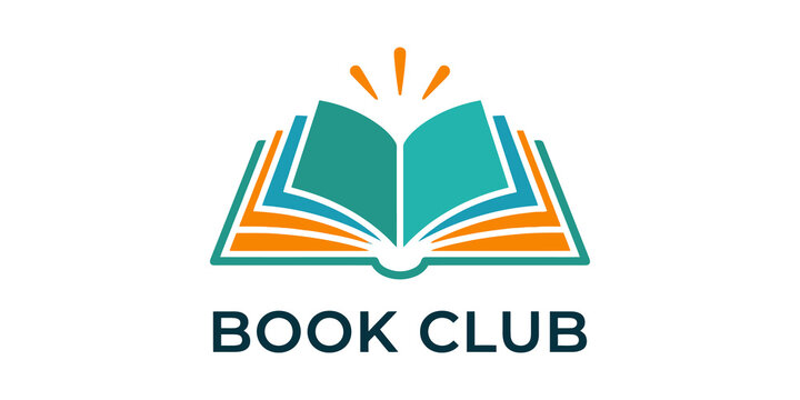 Book club logo design with open book and vibrant orange and teal colors, creative education concept.