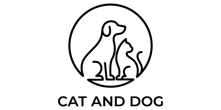 Minimalist black outline drawing of a sitting dog and cat together inside a circular frame with text.
