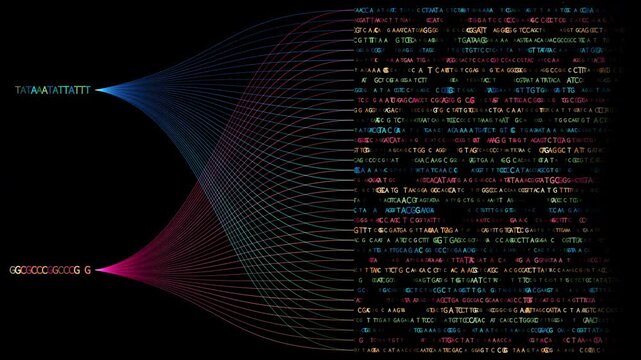Abstract DNA base transfer visualization animation with flowing connection lines genetic sequences and fade out effect, seamless loop, alpha channel BG for biotech, medical research and science themes
