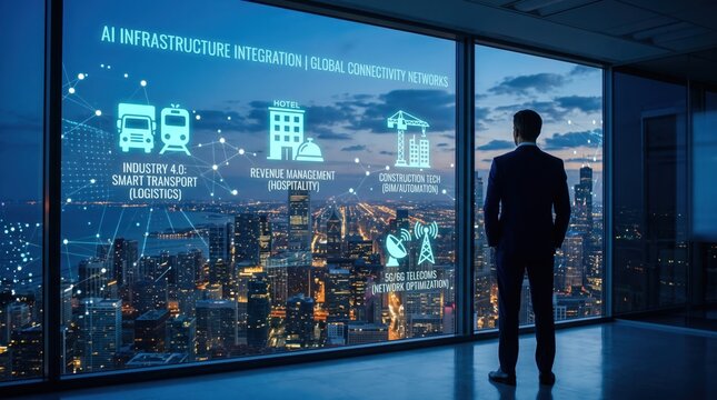 Businessman silhouette standing before floor to ceiling window overlooking illuminated city skyline at night, viewing augmented reality icons representing AI infrastructure