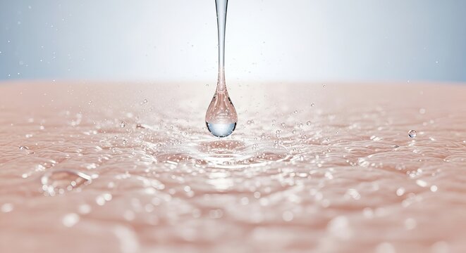 Water droplet falling onto human skin surface creating ripples and hydration