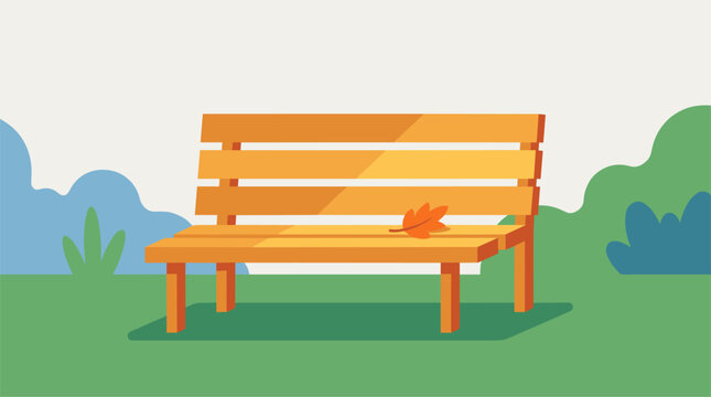 Empty wooden park bench with single autumn leaf, flat design illustration with copy space
