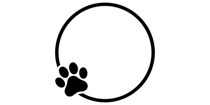 Black dog paw print inside simple round frame border graphic design element for pet lovers.