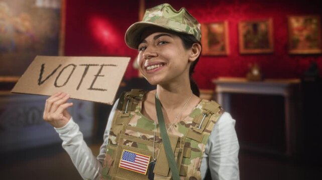 Young woman soldier in camo uniform holds a cardboard vote sign and smiles inside a public building with flag patch visible; pride civic duty.