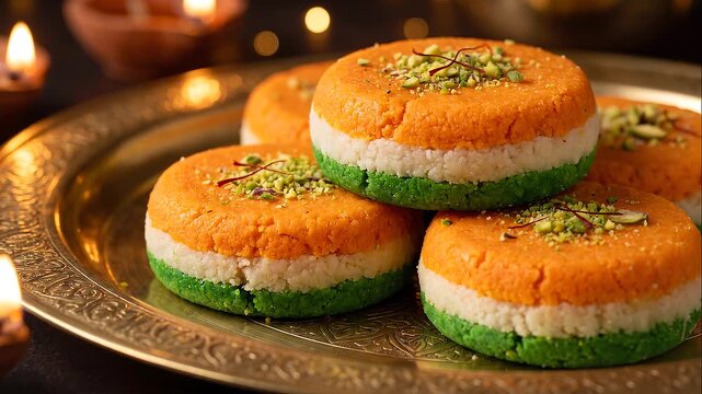 Cinematic macro video of traditional Tiranga Peda sweet on brass plate for Indian Independence Day