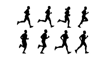 Obraz premium Collection of eight black silhouettes of male and female runners jogging and sprinting isolated on white background.