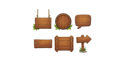 Fototapeta premium Wooden sign set with rope and leaves design elements for game ui menus and store advertisements rustic billboard assets.