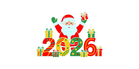 Fototapeta premium Santa claus character holding gift box next to 2026 text with colorful presents for christmas and new year celebrations.