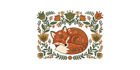 Naklejka premium Decorative sleeping fox surrounded by autumnal flowers and leaves creates charming folk art for forest theme designs.