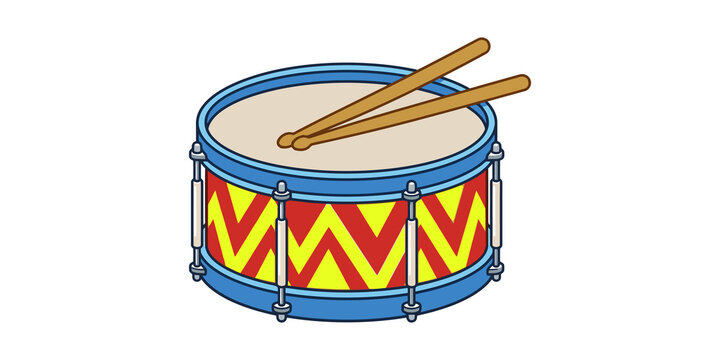 Red and yellow chevron patterned snare drum with blue accents and drumsticks is ready for a marching band.