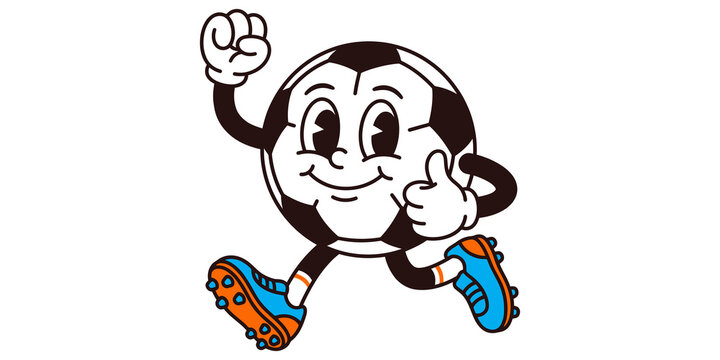 Retro cartoon soccer ball character with thumbs up and running pose plays sports with energetic style.