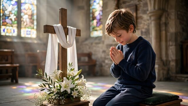 Young boy praying at the altar in a church: A young boy kneels in prayer before a wooden cross adorned with lilies, illuminated by the stained-glass windows of a solemn church interior.