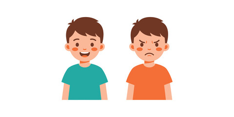 Fototapeta premium Two cartoon boys with different facial expressions showcasing happy and angry emotions for child psychology design needs.