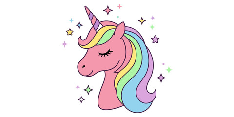 Cute cartoon unicorn head with rainbow mane and sparkling star elements for nursery decor and children stickers and posters. © Png World Collection