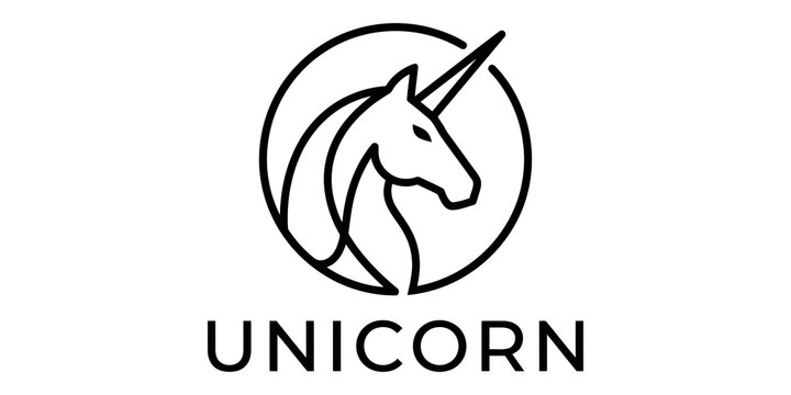 Elegant unicorn line art logo design with circular border and bold typography for startup branding and creative agency identity.