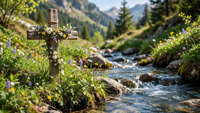 Serene Mountain Memorial: A weathered wooden cross adorned with delicate flowers stands sentinel beside a babbling mountain stream, surrounded by vibrant wildflowers and evergreen trees.