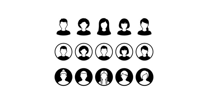 Collection of diverse person profile icons with various hairstyles and styles for user interface and web design applications.