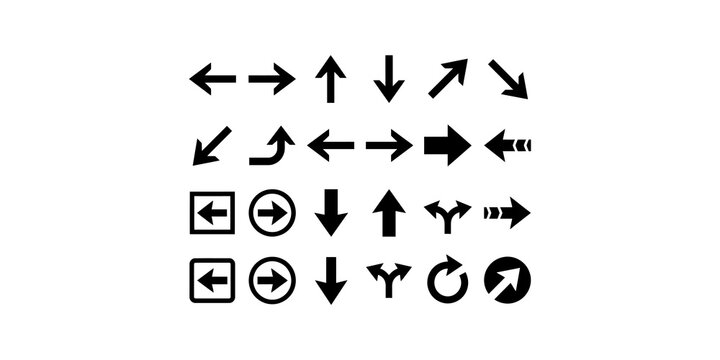 Assorted arrow symbols and icons depicting various directions and actions for navigation and interface design.