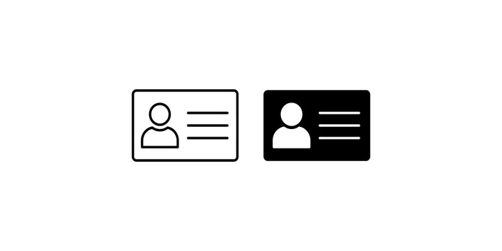 Id card icons set in outline and solid black silhouette styles for digital profile identification and membership verification.