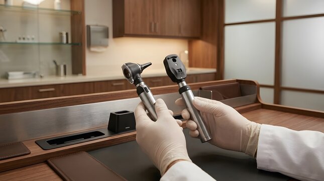 Doctor holding ophthalmoscope and otoscope in a modern medical office.