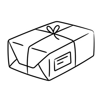 Hand-drawn wrapped parcel box secured with string and a shipping label.
