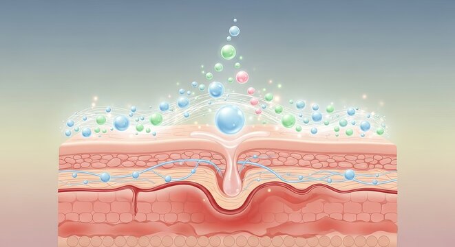 Cross section diagram of human skin layers showing pore cleansing with active