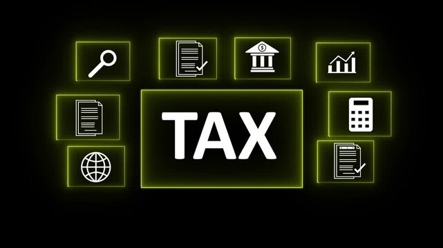 Neon Tax Management and Financial Services Icons Animation on Technology Background &ndash; Tax Filing, Accounting and Business Finance Concept,4k Animation....
