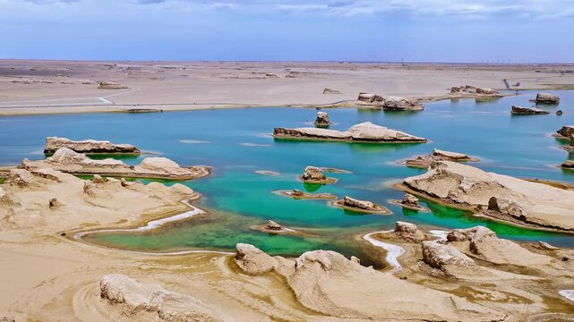 Aerial drone view of water yardang landforms in Qinghai, China