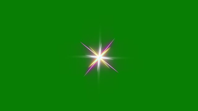 Single sparkling star twinkle animation with colorful glowing light burst, shiny white star blinking effect on chroma key green screen background, festive magic flare overlay video in. 4K resolution