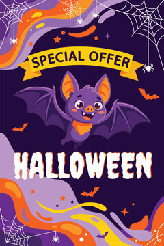 Halloween sale special offer promotional poster flying bat banner spider webs and abstract orange and purple liquid gradient shapes background Cartoon illustration