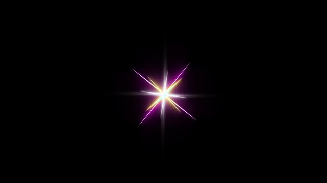 Single sparkling star twinkle animation with colorful glowing light burst, shiny white star blinking effect on chroma key black screen background, festive magic flare overlay video in. 4K resolution