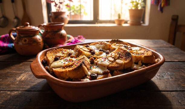  Capirotada dessert in a terracotta baking dish on a dark rustic table, Baked toasted bolillo bread layered with spiced piloncillo syrup, melted cheese, raisins, toasted almonds, and colorful sugar sp