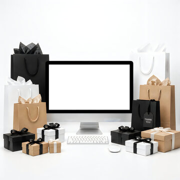 Computer monitor with blank screen surrounded by shopping bags and gift boxes for sale