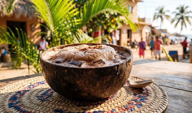 A rich iced Chilate beverage served in a rustic jicara gourd bowl on a woven placemat, Frothy chocolate brown liquid made of cocoa, rice, cinnamon, and piloncillo, served over ice cubes with foam crow