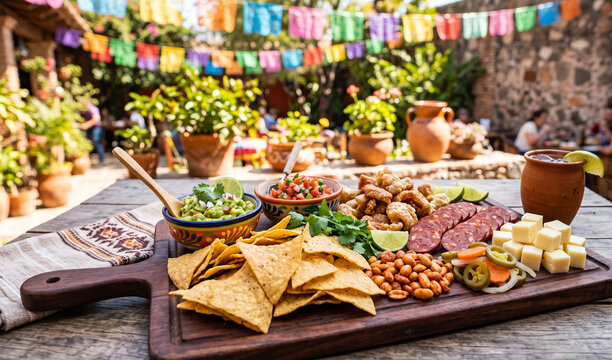 Mexican Botana platter arranged on a large dark wooden cutting board, Assortment of sliced chorizo, manchego cheese cubes, chicharron, spicy peanuts, pickled jalapenos, totopos, and small bowls of sal