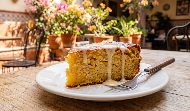 A rich slice of golden Pastel de Elote served on a white porcelain dish on a light wooden table, Moist, tender sweet corn cake texture with visible corn kernels, drizzled with sweet condensed milk and