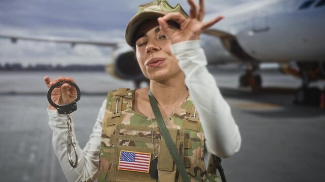 Woman soldier in camouflage uniform holds handcuffs in hand and makes ok sign near eye on airport tarmac with airplane and flag patch visible; duty confidence.