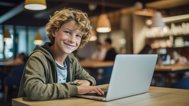 Young Coder: A smiling young boy with curly blonde hair enthusiastically types on a laptop, seated at a table in a modern, casually lit environment, embracing the world of technology.