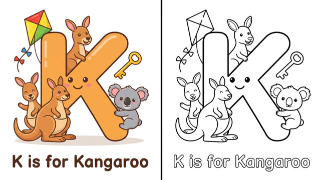 Cute Cartoon Preschool Alphabet Letter K Vocabulary Illustration with Color and Black and White Line Art Coloring Book Versions