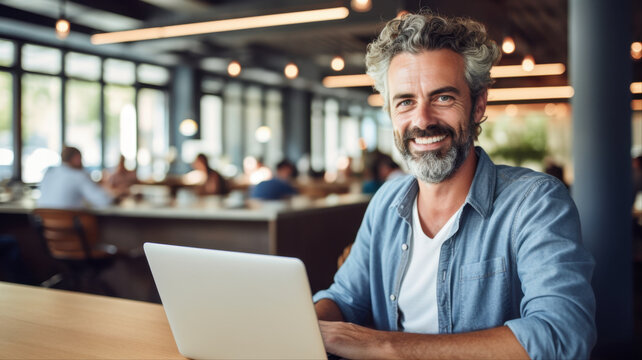 Smiling Entrepreneur at Work: A middle-aged man with a friendly smile and a gray beard sits at a table with a laptop in a modern office setting, radiating confidence and competence.