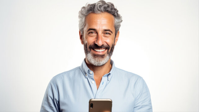 Smiling Man with Smartphone: A distinguished mature man with a salt-and-pepper beard and grey hair smiles warmly while holding a smartphone, exuding confidence and approachability.