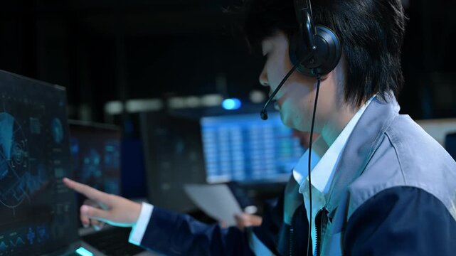 Asian engineer in headset analyzes radar screens and takes notes in a high-tech control room, managing telemetry
